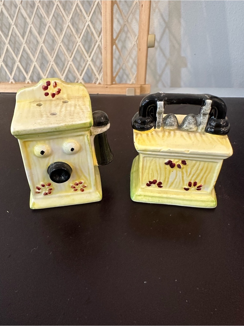 Yellow Vintage Ceramic old-fashioned phone  salt and pepper shakers